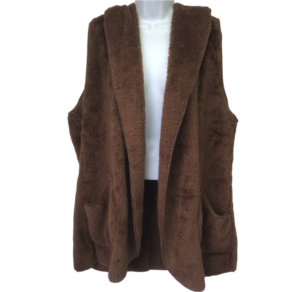 Zenana Outfitters Open Front Hooded Faux Fur Vest with Pockets Brown XL